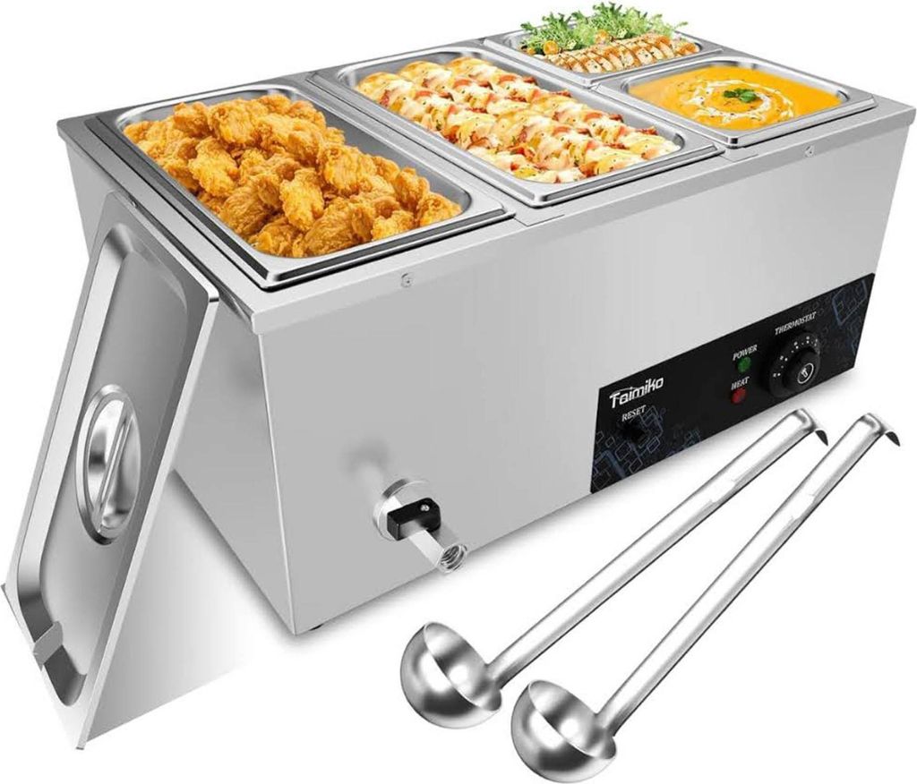 DULNICE Bain Marie, 1500W, Speisewärmer, Edelstahl, 3 GN-Behälter, Wasserbad, inkl. Deckel, Ablaufhahn, Esslöffel, ideal für Kantine.