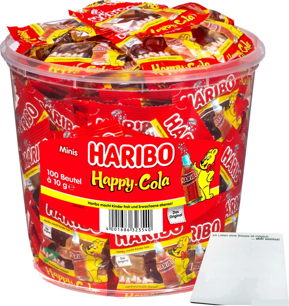 Haribo Happy Cola Gummibärchen Cola-Fläschchen 100 Minibeutel (1kg Dose) + usy Block