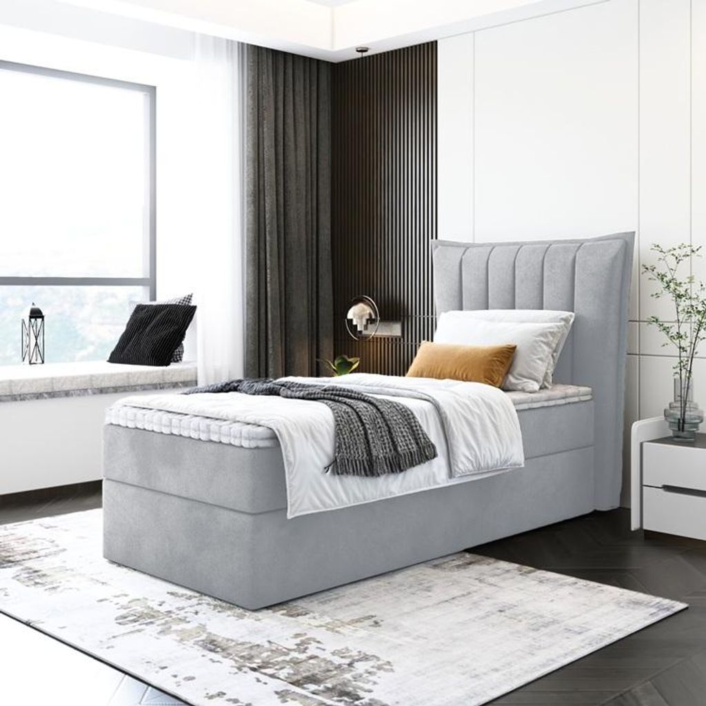 Boxspringbett LUNA MINI TOPPER T25, Einzelbett, Stauraum, Schlafzimmer, Polsterbett, 90x200 cm. (Hellgrau - Itaka 51)