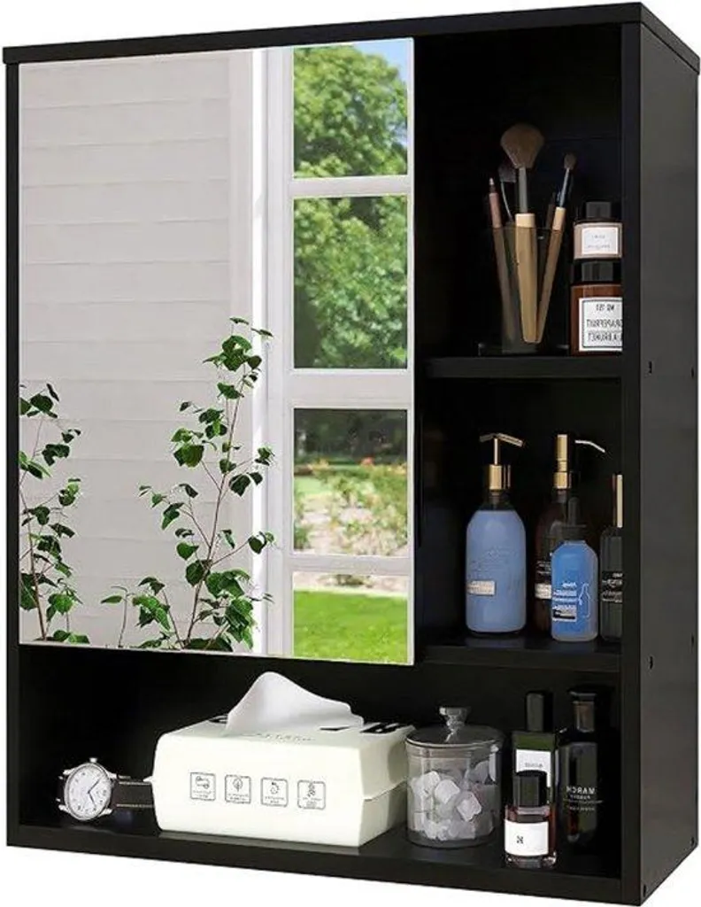 Armoire miroir noire avec étagère réglable et porte à fermeture douce