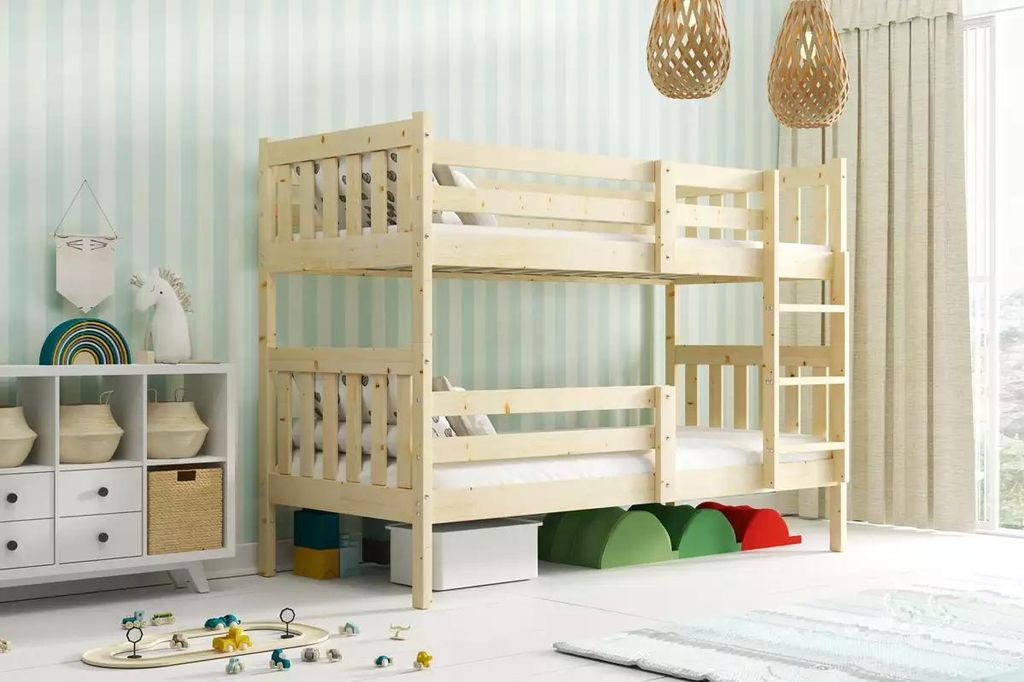 A child's bedroom with a wooden bunk bed, storage unit, and toys.