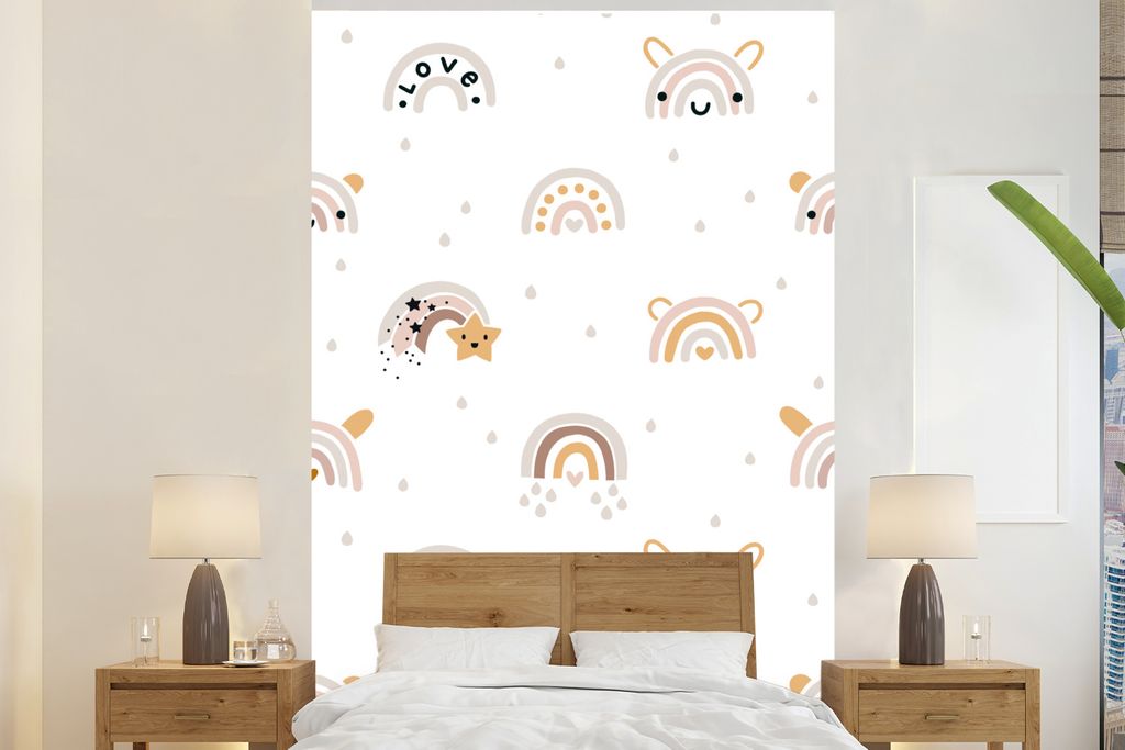 MuchoWow Fototapete für Wohnzimmer oder Schlafzimmer Wandtapete Vinyl Motivtapete Muster - Regenbogen - Tropfen - 160x240 cm - Vinyltapete