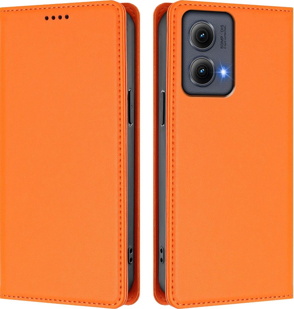 Handyhülle für Motorola Edge 2024, Kunstleder Klapphülle Stoßfeste Magnetische Hülle mit Ständer Orange