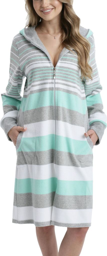 Aquarti Damen Bademantel Kurz Mit Reißverschluss - Frottee Morgenmantel In Streifenoptik