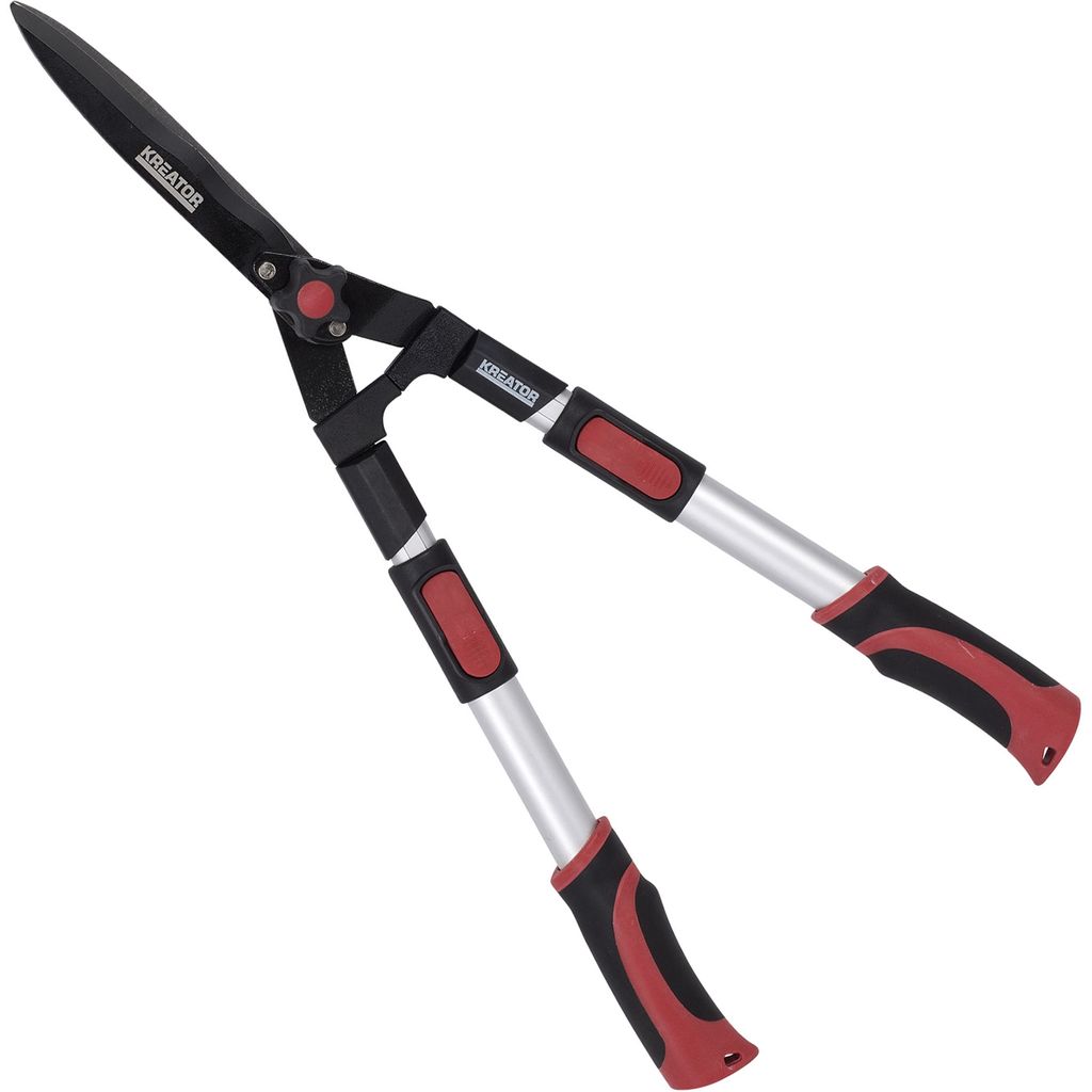 A pair of hedge shears with telescopic handles against a white background.