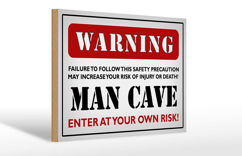 Holzschild Spruch 30x20cm Warning man cave enter at your weiß