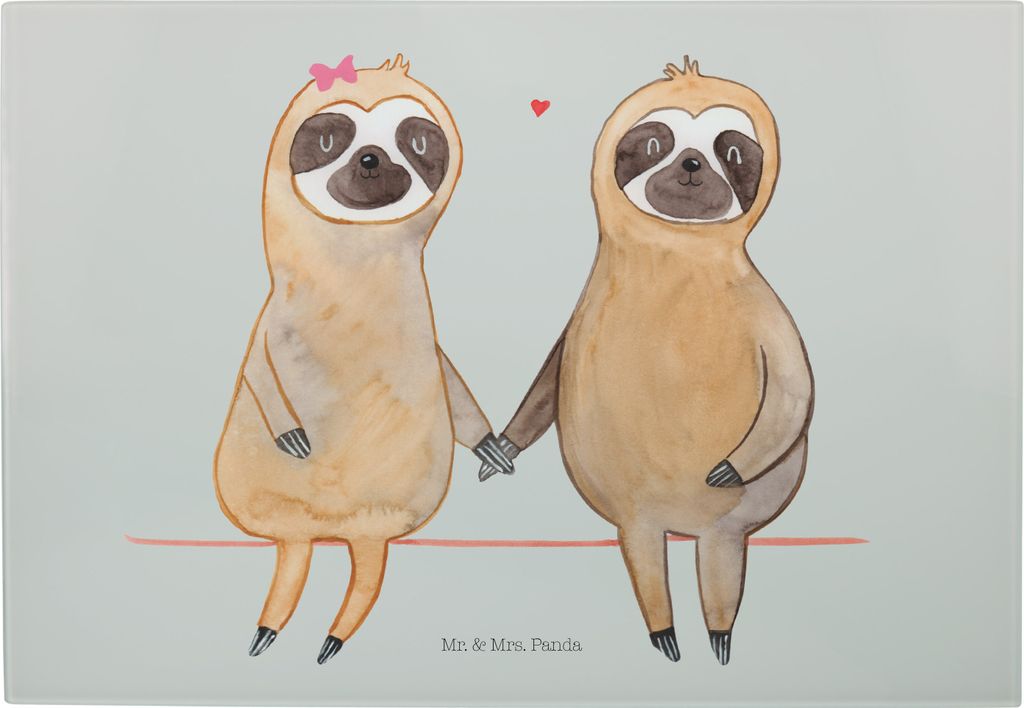 Mr. & Mrs. Panda Frühstücksbrett Faultier Pärchen - Grau Pastell - Geschenk, Verliebt, Liebe, Schneidebrett Glas, Schneideplatte, Servierplatte,...
