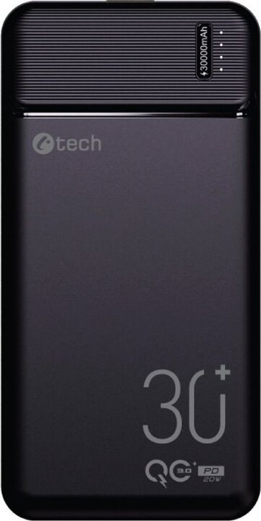 A black power bank with branding and specifications printed on it, set against a white background.
