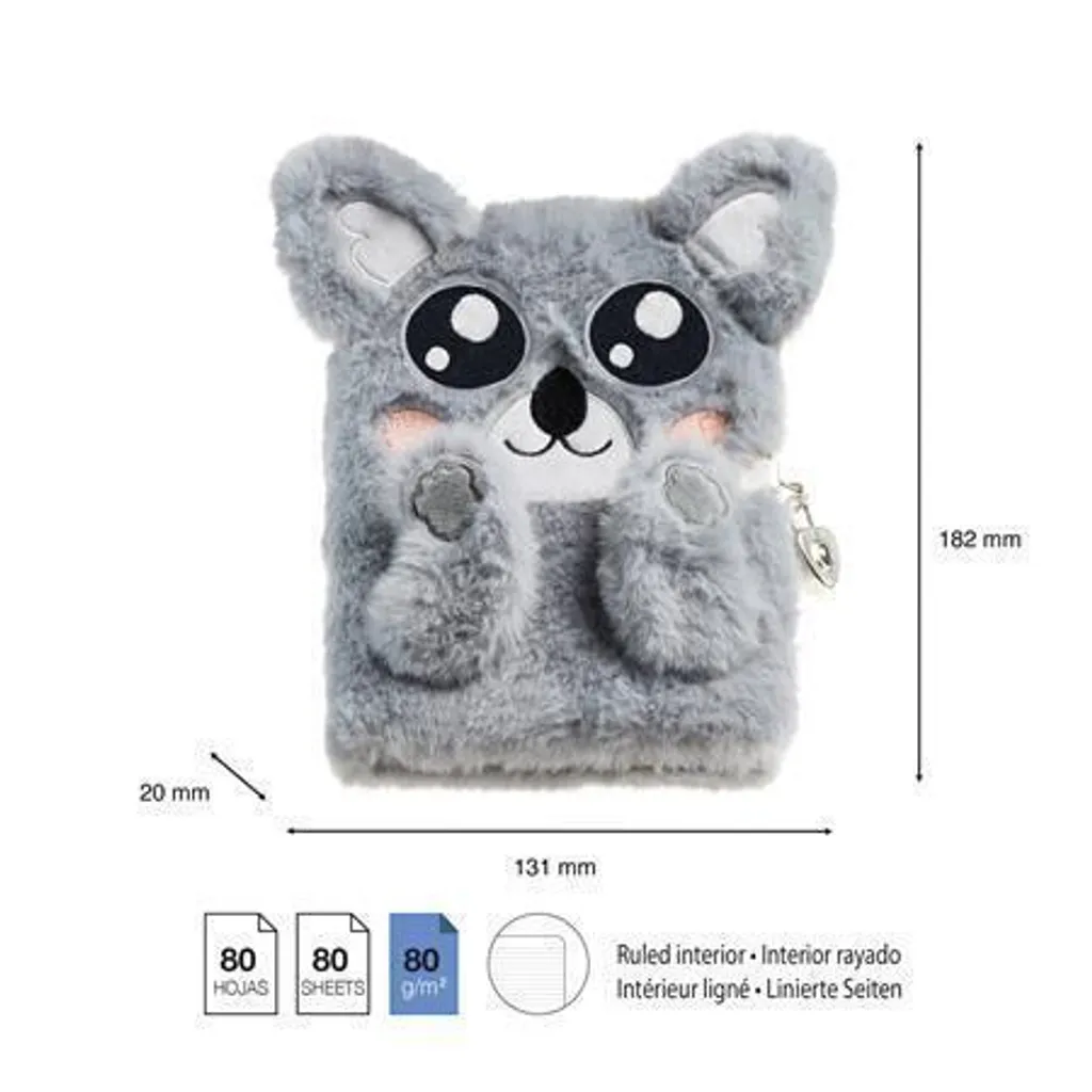 Cahier de textes koala gris peluche APLI Back2Fun pour notes et secrets