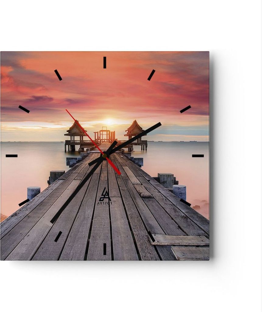 Wanduhr - Quadrat - Glasuhr - Brücke Holz Spaziergang - 30x30cm - Schleichendes Uhrwerk - Lautlos - zum Aufhängen bereit - Dekoration Modern - Wa...