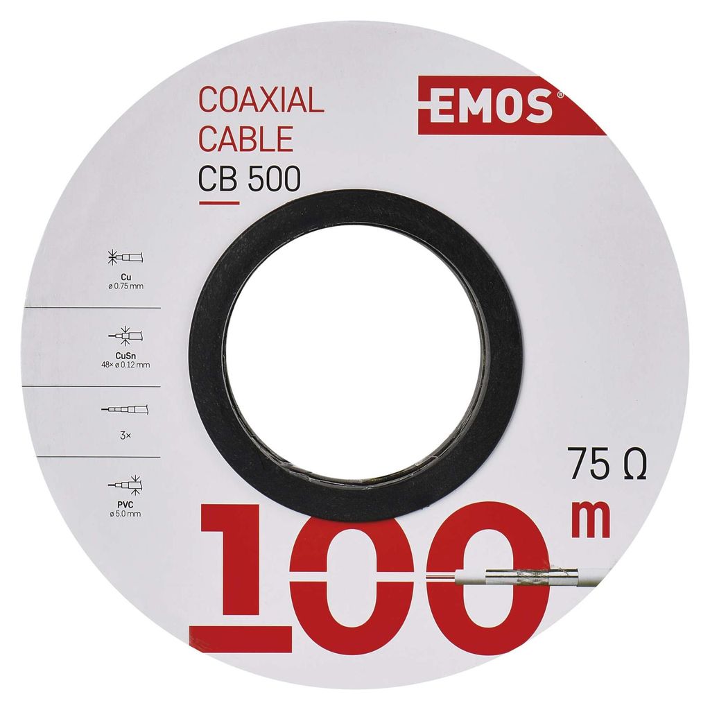 EMOS Antennenkabel 100m weiß, für SAT, TV und CCTV, Typ CB500, doppelt geschirmt, Schirmungsmaß 75 dB, Widerstand 75 Ohm, S5252