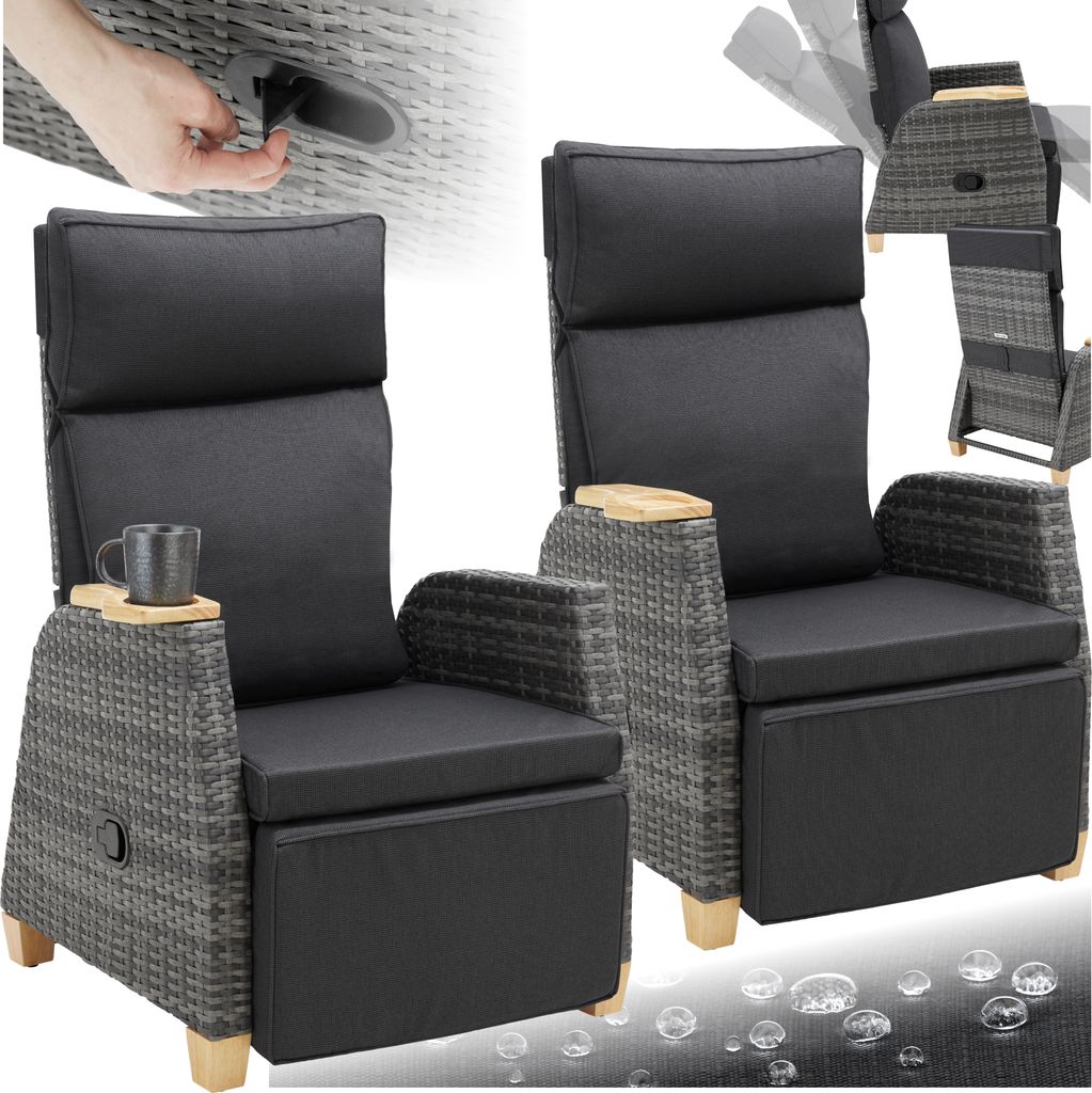 A collage of images showing outdoor rattan chairs, a close-up of a hand adjusting a chair mechanism, and a smaller inset image of a chair in a different position.