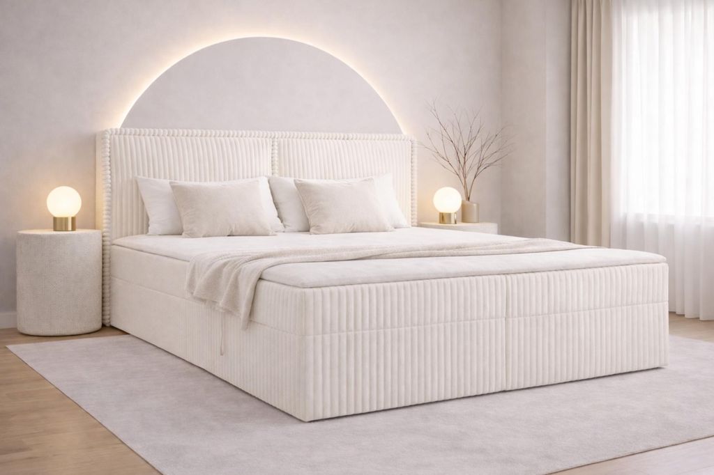 MOEBLO Boxspringbett Bett 04 – Boxspringbett aus Cord, Polsterbett Kontinentalbett Doppelbett mit Bonell-Matratze, Topper und Bettkasten (gepolst...