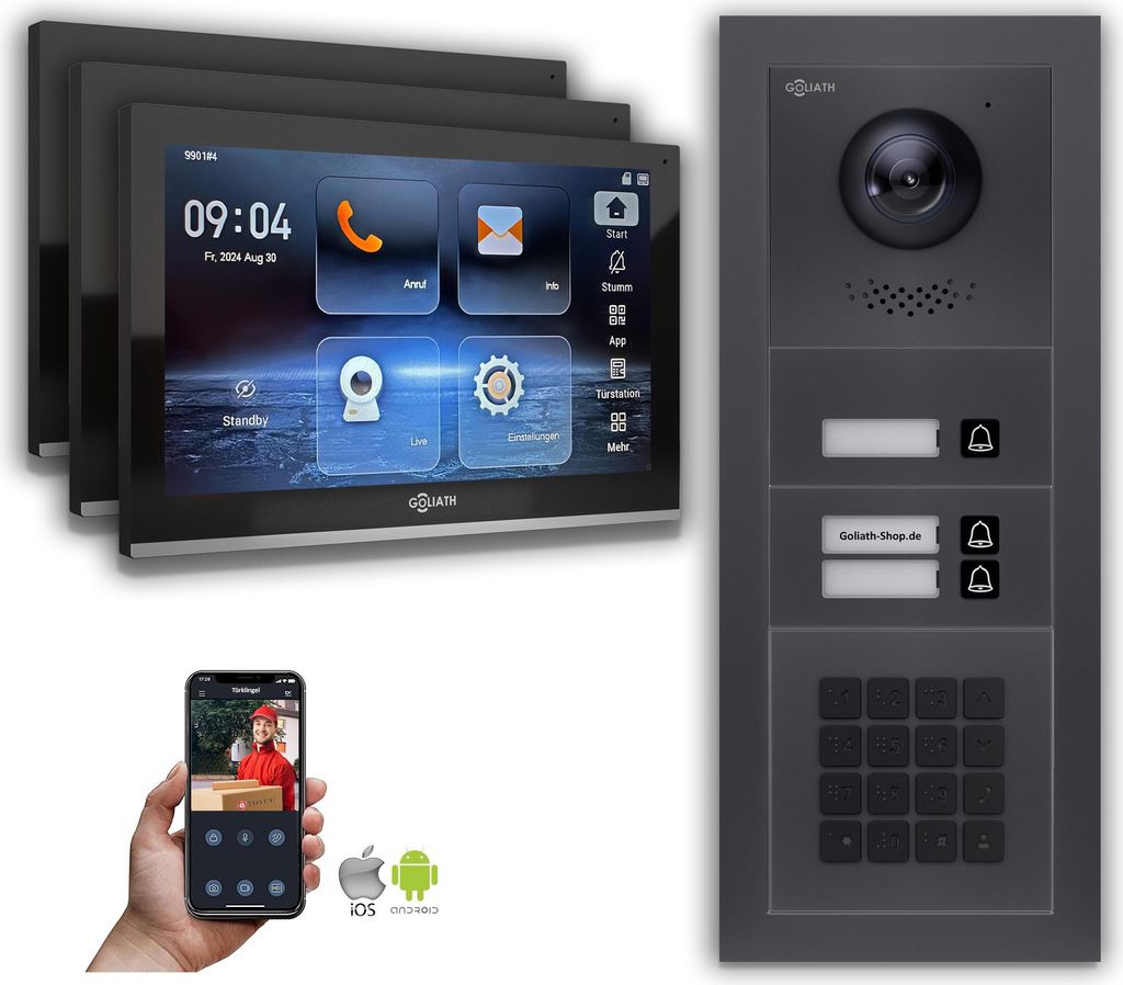 Goliath IP Video Türsprechanlage: 10-Zoll 3 Familienhaus, Zahlencode, Anthrazit : 10 Zoll Schwarz : 4er POE : Unterputzdose Anschluss: 4er POE Mon...