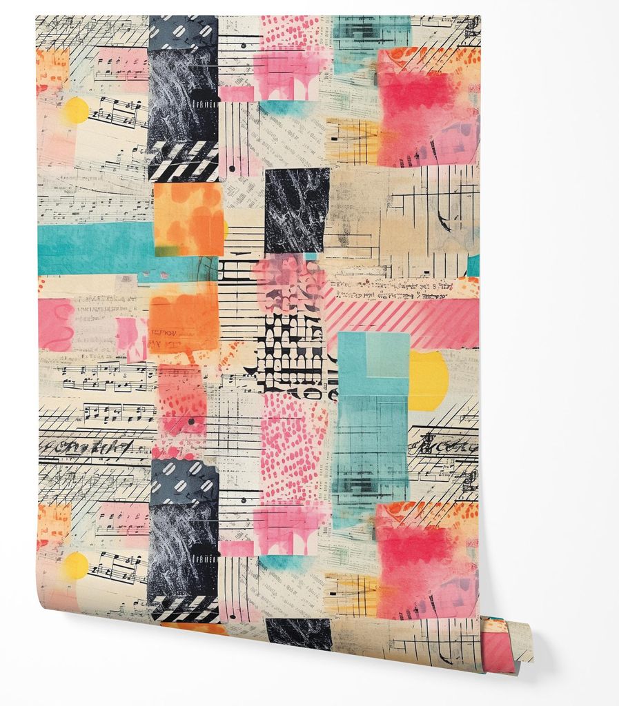 Vliestapete Abstrakte Collage Noten Zeitung Druck Bunte Geometrische Formen Modernes Künstlerisches Muster Retro Mixed Media Wohnzimmer Schlafzimm...