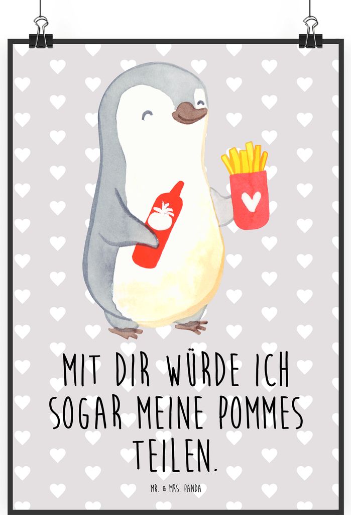 Mr. & Mrs. Panda Bild Pinguin Pommes DIN A1 - Grau Pastell - Geschenk, für Frauen, Valentinstag, Liebesgeschenk, Freundin, Hochzeitstag, drucke, K...