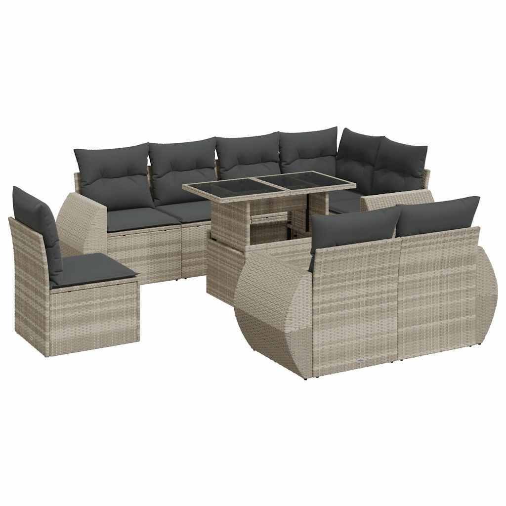 "SALE 2026" 9-tlg. Garten-Lounge-Set - elegantes Design - Sitzgruppe/Gartengarnitur - mit Kissen Hellgrau Poly Rattan - Terassenmöbel DEMöbel389679