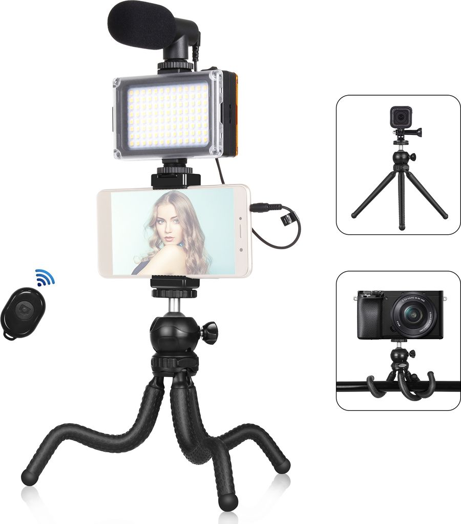 Smartphone-Vlog-Kit, flexibles Stativ + Nierenmikrofon + ausziehbarer Telefonclip + zweifarbiges LED-Licht mit einstellbarer Helligkeit fuer Live-S...