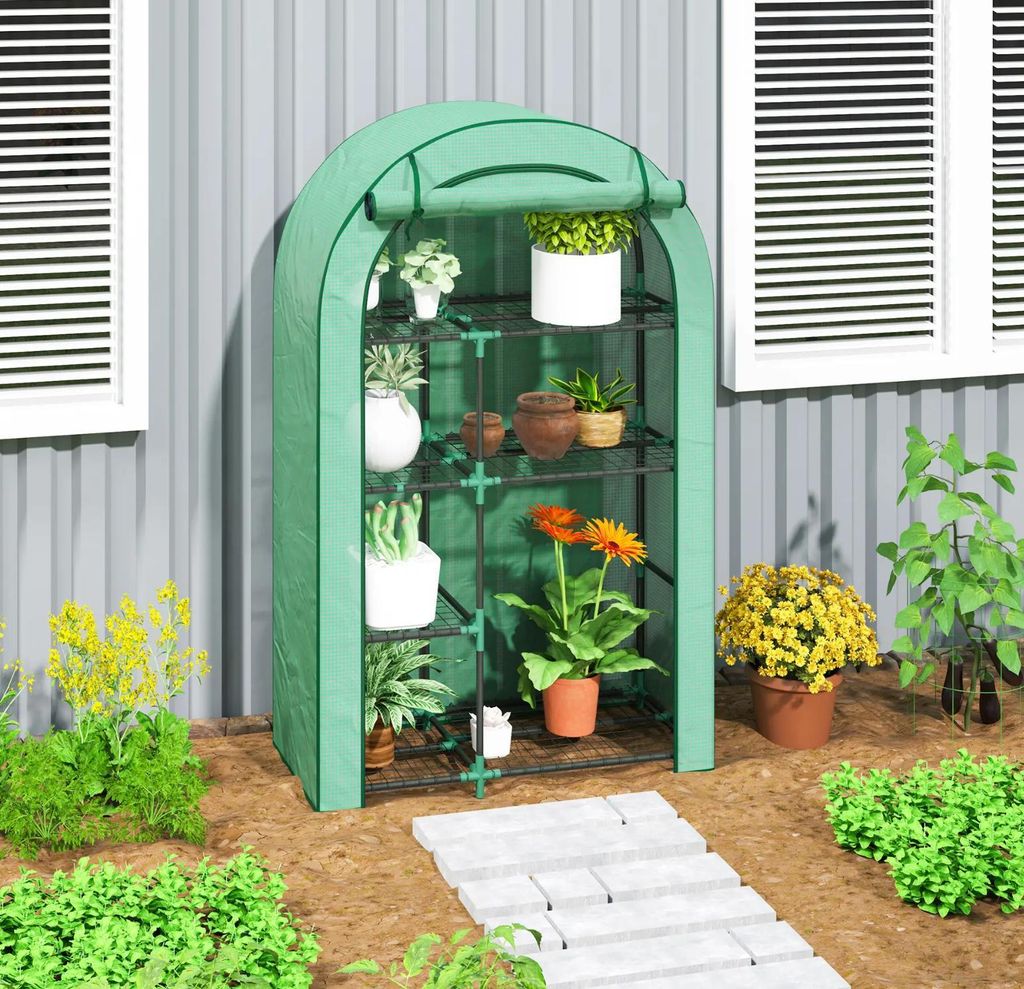 Mini-Gewächshaus, 4-stufiges Gewächshaus mit Kunststoff-Plane, tragbar, Rolltür, 100 x 45 x 160 cm