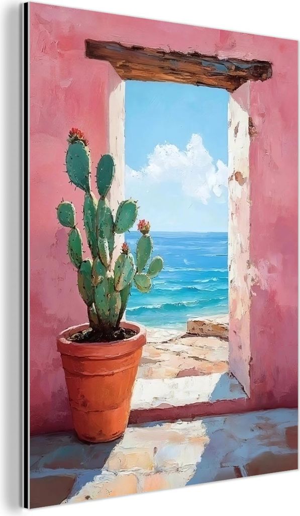 MuchoWow Wanddekoration Metall Metallbild Wandkunst 30x40 cm Meer - Rosa - Kaktus MuchoWow Aluminium Gemälde - Bilder