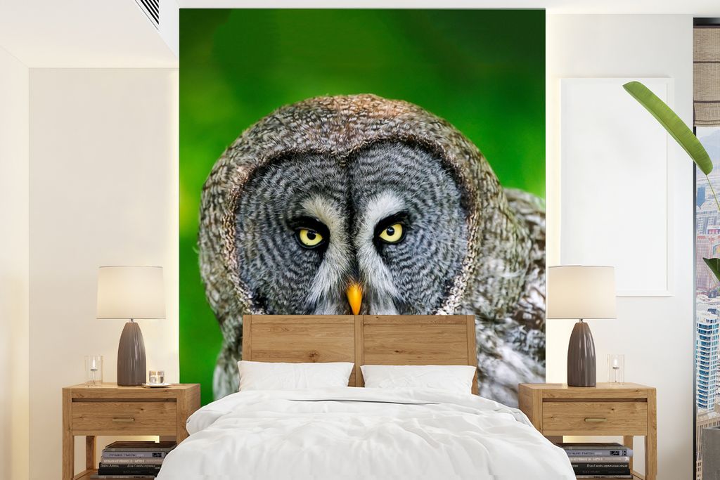 MuchoWow Fototapete für Wohnzimmer oder Schlafzimmer Wandtapete Vinyl Motivtapete Vogel - Eule - Tiere - Braun - Porträt - 195x260 cm - Wandbild