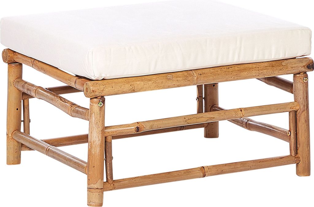 BELIANI Ottomane Hellbraun und Cremeweiß Bambusholz mit Auflage Kissen Boho Rustikal Modularer Gartenhocker Fußhocker Outdoor Terrasse Ausstattung