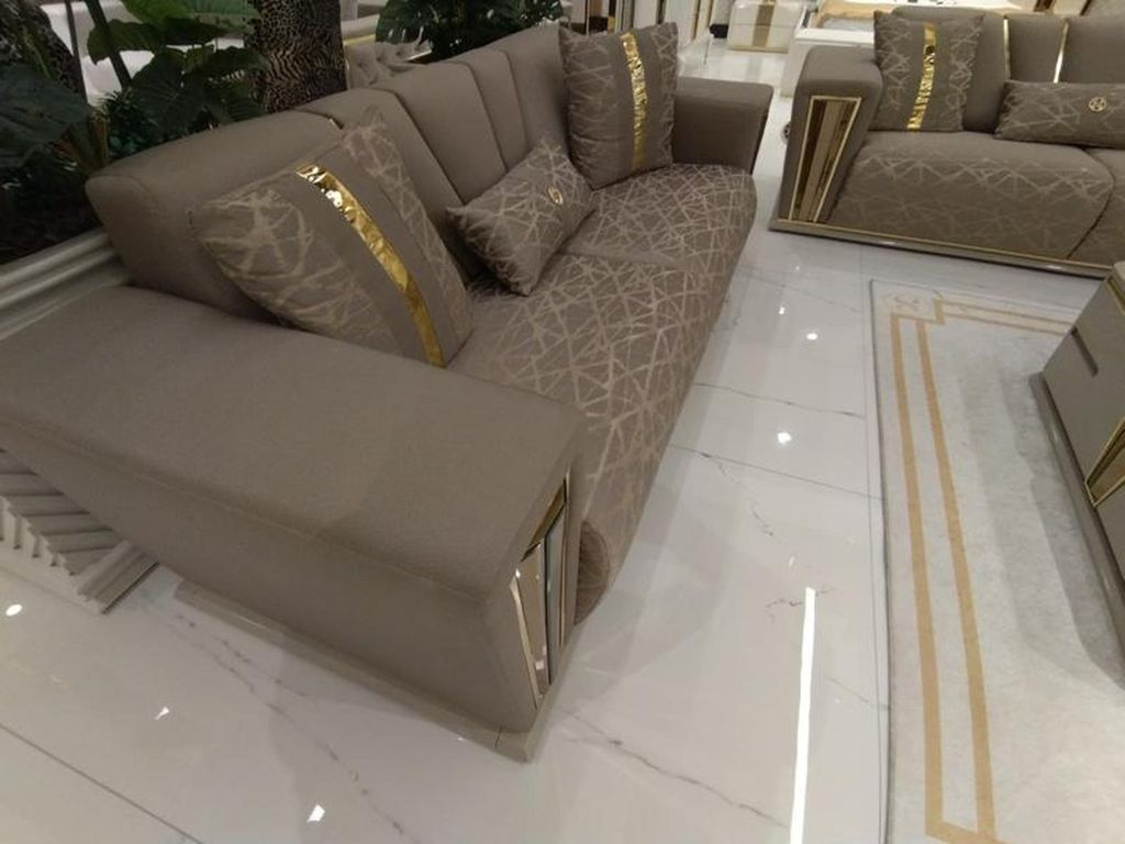 3+3 Sitzer Modern Sofagarnitur Sessel Textil Grau Sofa 3 Sit Luxus Komplett 2tlg