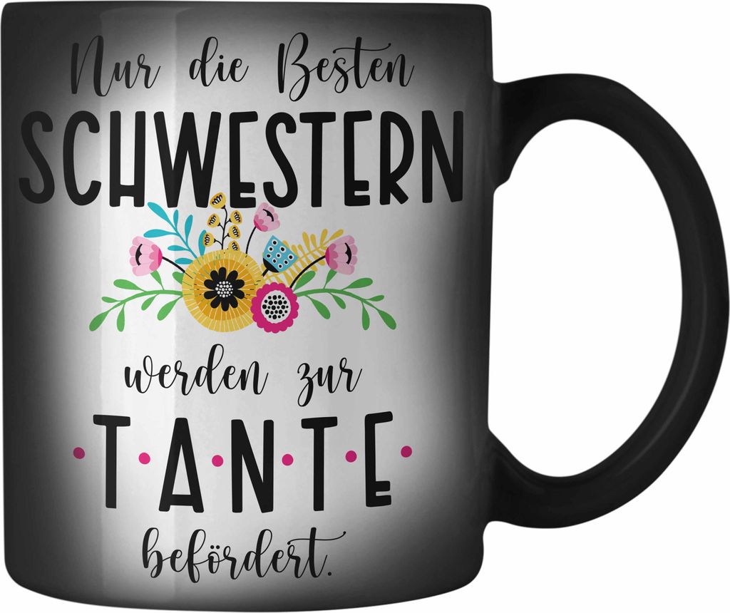 Trendation - Du Wirst Tante Farbwechsel Zauber-Tasse 2023 Verkündung Schwangerschaft Überraschung Baby Ankündigung Tante (Schwarz)
