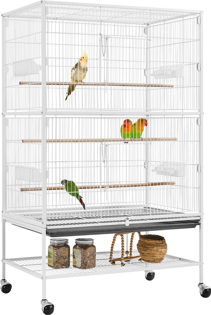 Yaheetech Vogelkäfig mit Ständer, Vogelvoliere mit 3 Holzstangen und 4 Futternäpfen, Wellensittich Käfig mit 4 Rollen, Voliere für Papageien, ...