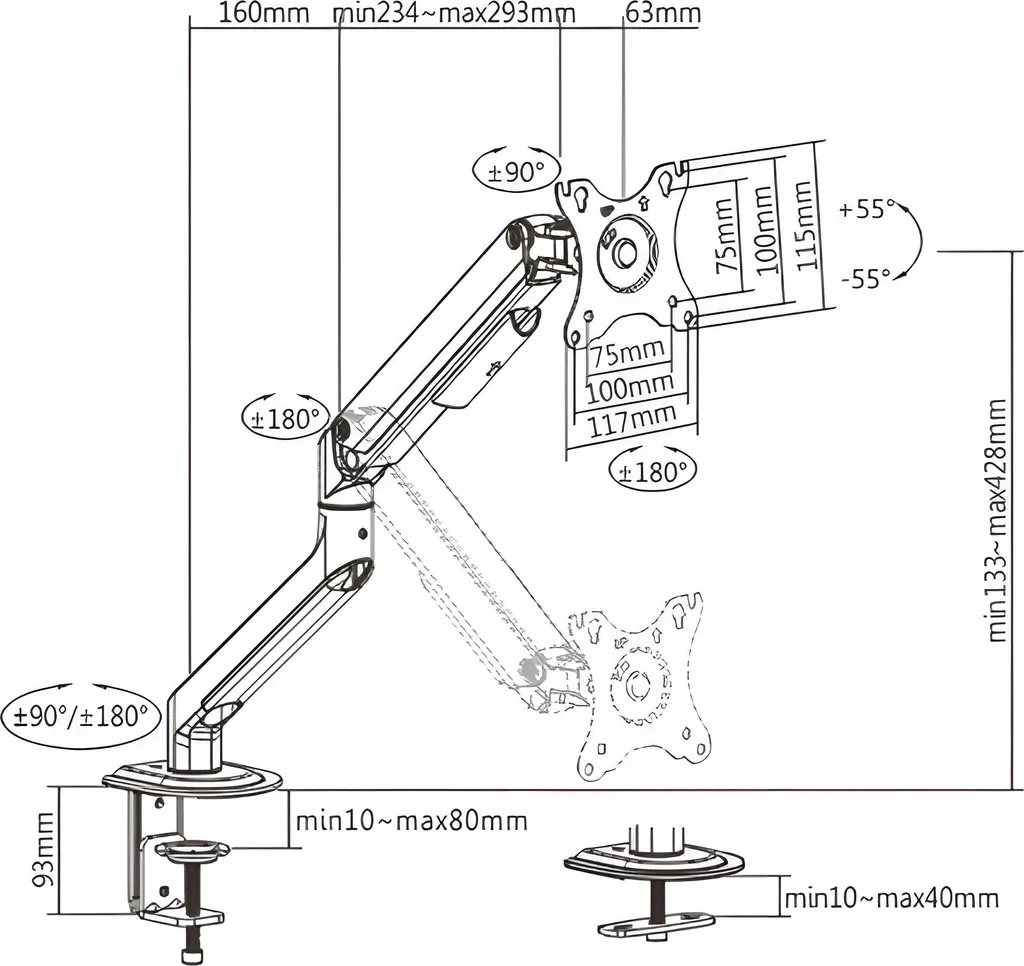 Bras de moniteur articulé SolidHand-DS01 argenté, support d'écran robuste