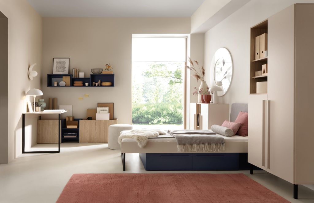 Schlafzimmer-Set – 5-teilig – SERGIO System – Regalschrank, Kommode, Schreibtisch, Wandregal & Bett – Kaschmir – Funktionales Jugendzimmer