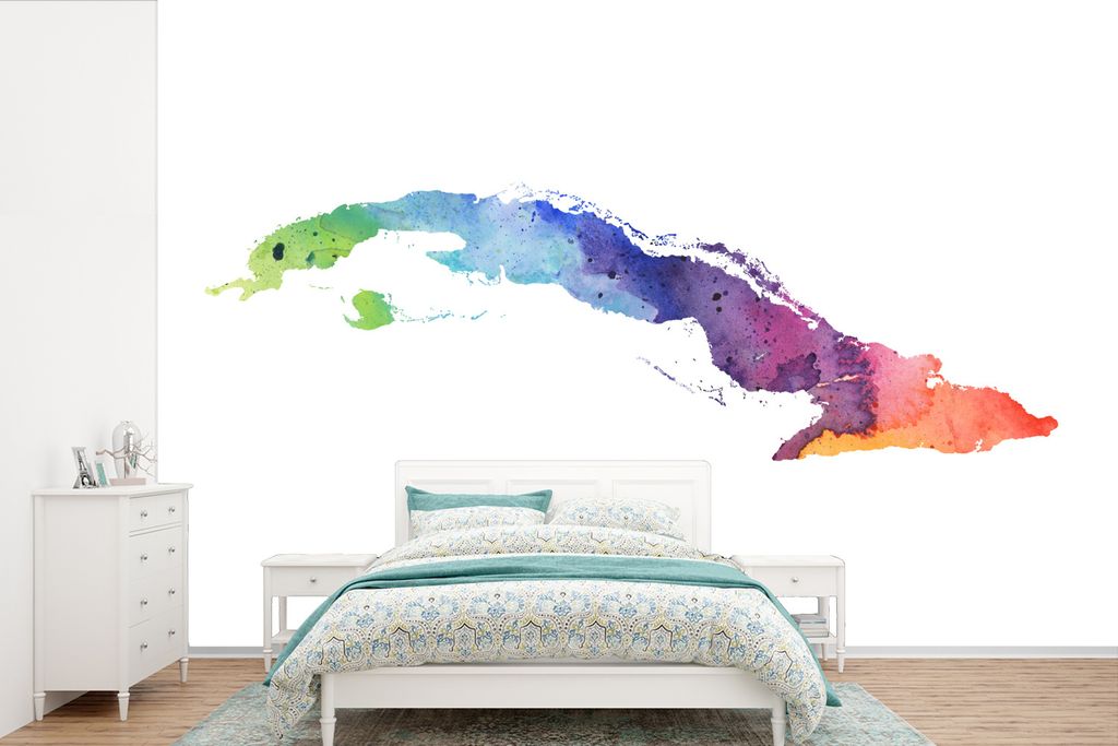 MuchoWow Fototapete für Wohnzimmer oder Schlafzimmer Wandtapete Vinyl Motivtapete Eine Illustration der Karte von Kuba in den Farben des Regenbo...