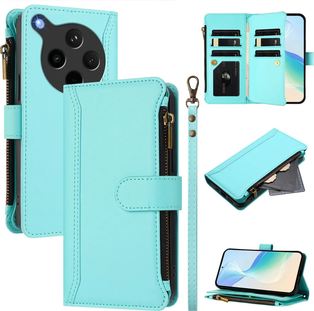 Custodia per Oppo Find X8s+, con cerniera, portafoglio in Finto cuoio con tasche per carte, supporto e passante per la mano verde menta