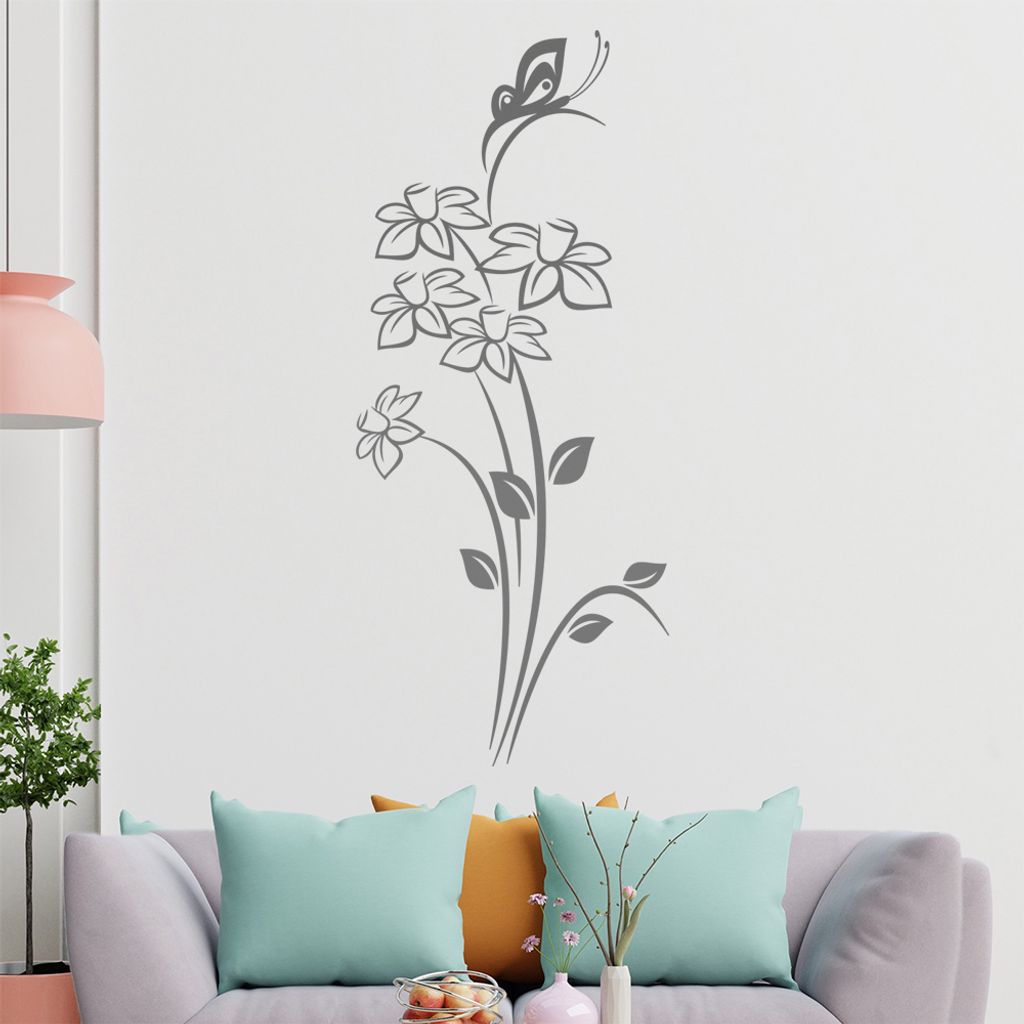 Schmetterling auf Blüten Wandtattoo in 6 Größen - Wandaufkleber Wall Sticker - Dekoration, Küche, Wohnzimmer, Schlafzimmer, Badezimmer
