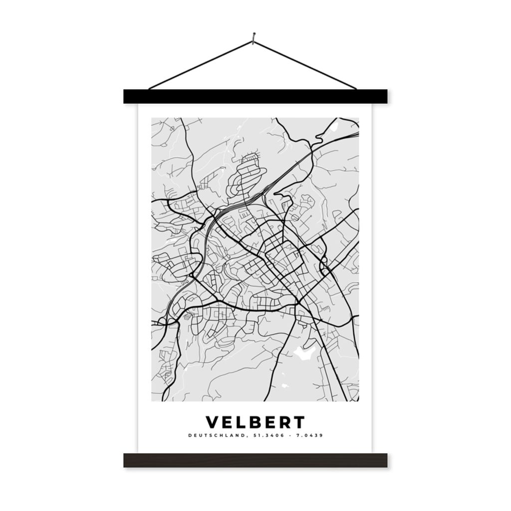 MuchoWow Textilposter Karte - Velbert - Karte - Deutschland 60x90 cm mit schwarzem Rahmen - Poster Wohnzimmer