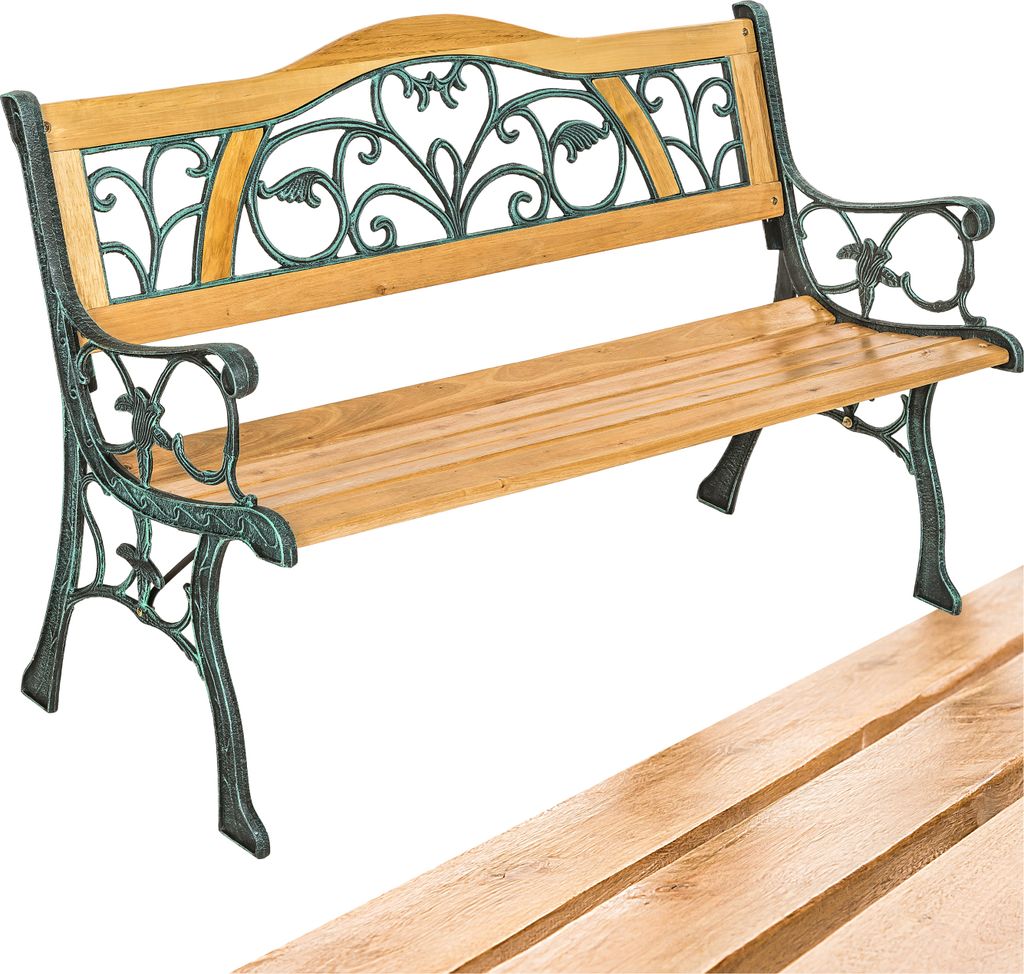 A garden bench with wooden slats and ornate green metalwork.