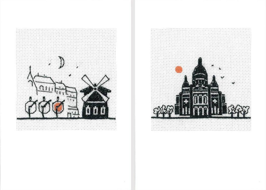 Le Bonheur des Dames Grußkarten 2er Set Kreuzstich Stickpackung "Paris Moulin Rouge", Zählmuster, 10,5x15cm