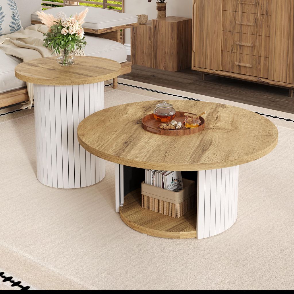 okwish Couchtisch-set Kaffeetisch mit einem Haupt- und einem Beistelltisch,Sofatisch mit Ablagefächer und Naturholzlatten,Weiß+Natur