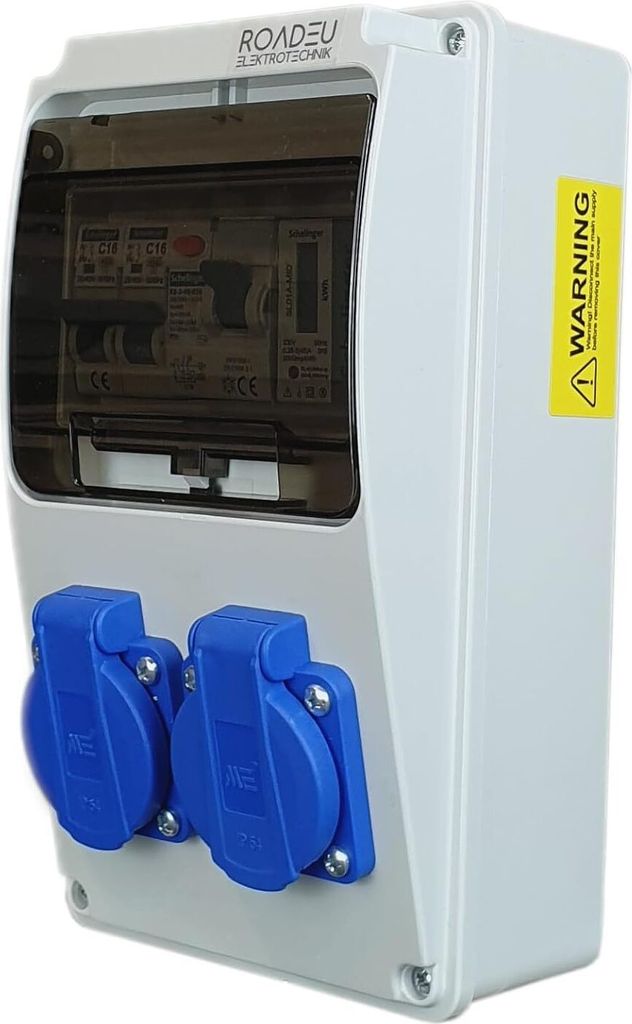 RoadEu - Stromverteiler 230V mit Zähler, 2x BALS Schuko, Steckdosenverteiler mit Fi Schutzschalter 40A typ A/AC, 2x Leistungsschalter C16A IP44