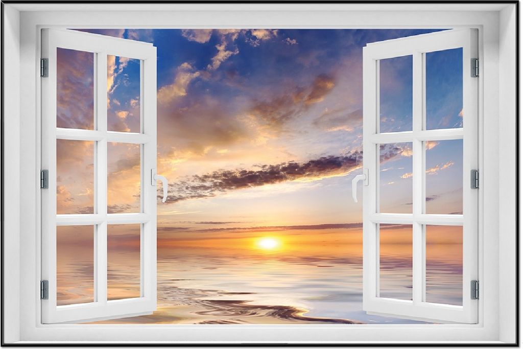 Wallario Wandbild mit Fenster-Illusion: Sonnenuntergang über dem Wasser, Größe: 61 x 91,5 cm, Poster mit schwarzem Aluminiumrahmen