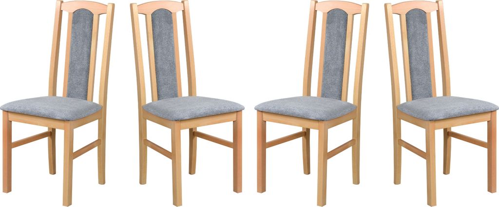 Four wooden dining chairs with gray upholstered seats and backs are arranged in a row against a white background.