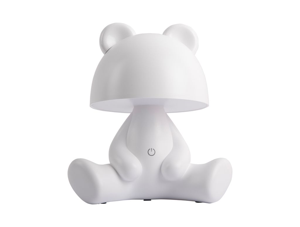 A white bear-shaped table lamp is shown against a white background.