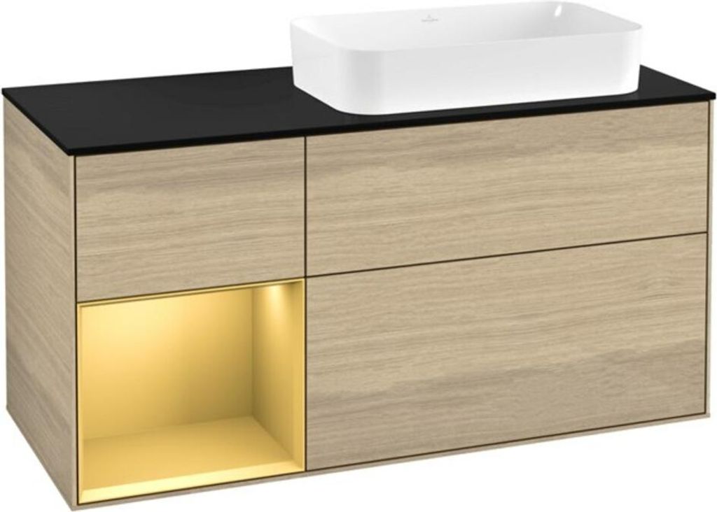 V&B Waschtischunterschrank Wandbeleuchtung Finion 120x60 cm, Reg li Gold matt, Oak Veneer