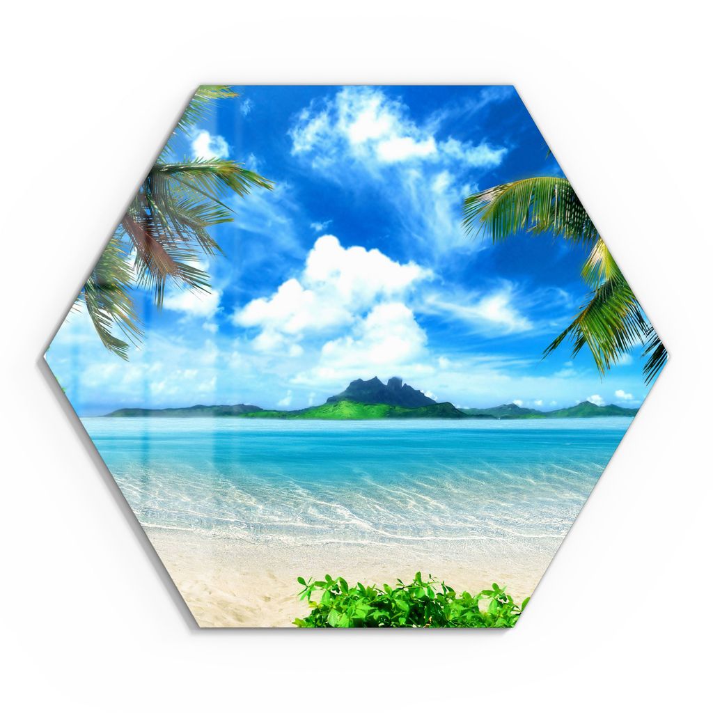 DEQORI Glasbild Echtglas 55x48 cm 'Einsamer Palmenstrand' Wandbild Bild modern Deko