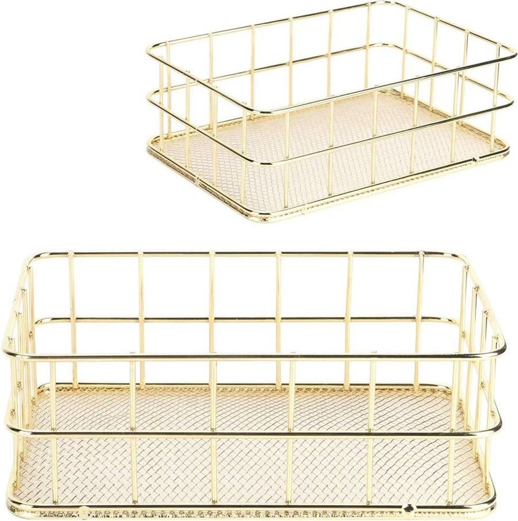 Goldfarbener Eisen Aufbewahrungskorb Drahtgeflecht Schreibtisch-Organizer für Zuhause (klein) mit goldenen Griffen