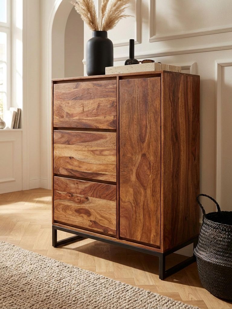 Schuhschrank Sheesham Massivholz 88x120x40 cm Schuhregal Geschlossen, Design Schuhkommode Flurschrank mit Ablage, Schuhaufbewahrung Flurkommode fü...