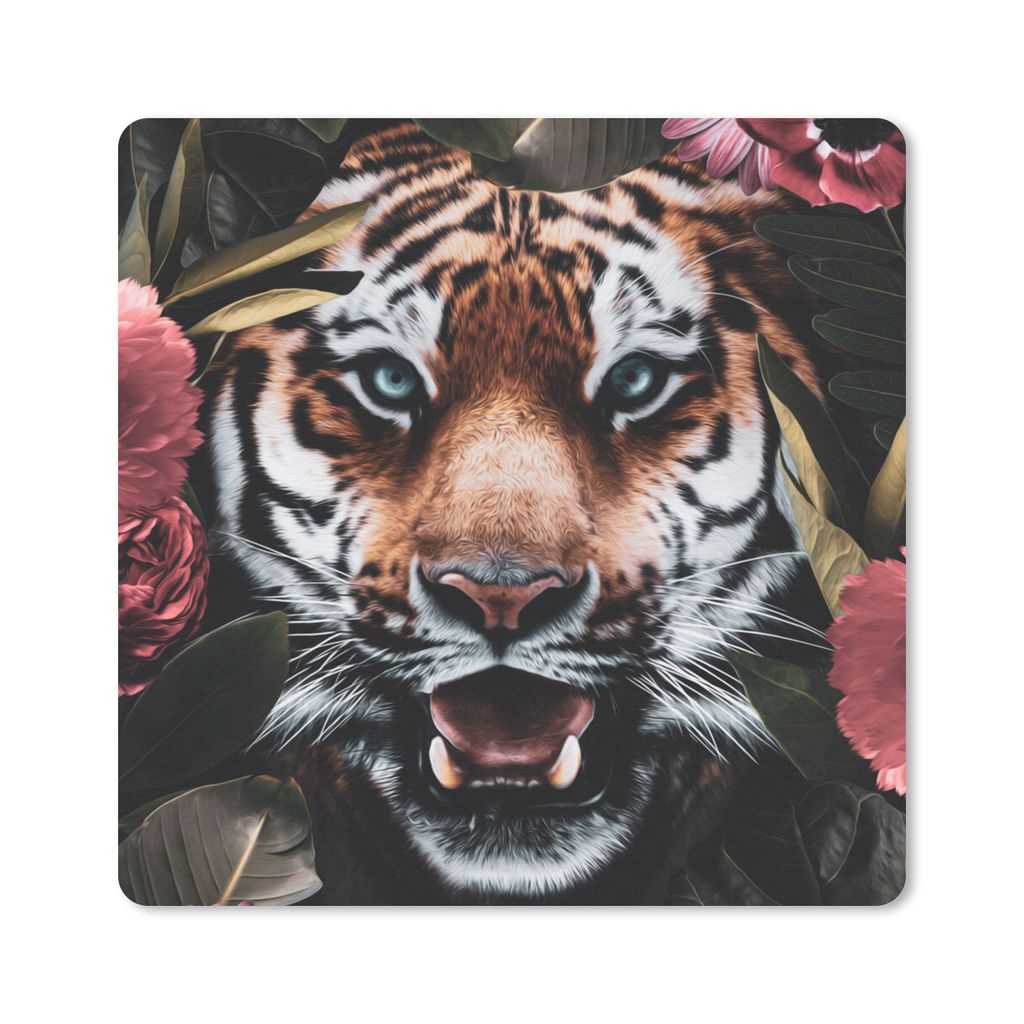 MuchoWow Mauspad Mousepad Tiger - Blumen - Dschungel 30x30 cm - Mousepads - Maus Mat - Pad - Mausunterlage - Gaming