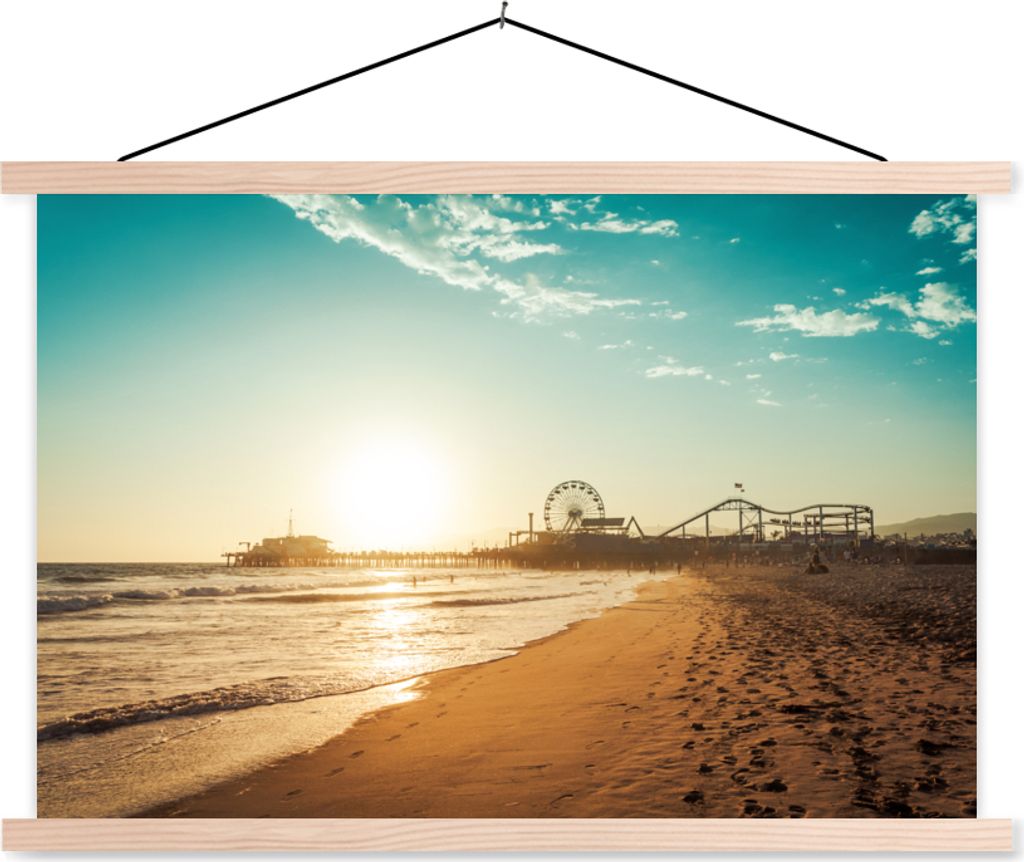 MuchoWow Textilposter Strand - Meer - Sonnenuntergang - Riesenrad 120x80 cm mit holzfarbenen Rahmen - Aufhängeset