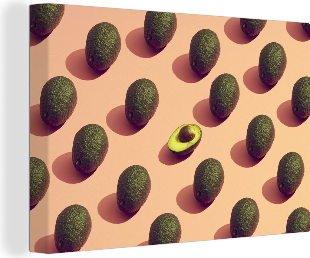 OneMillionCanvasses - Leinwandbilder - 140x90 cm, Muster von Avocados auf einem Pfirsich-Hintergrund, Wandbilder Kunstdruck Wanddekoration