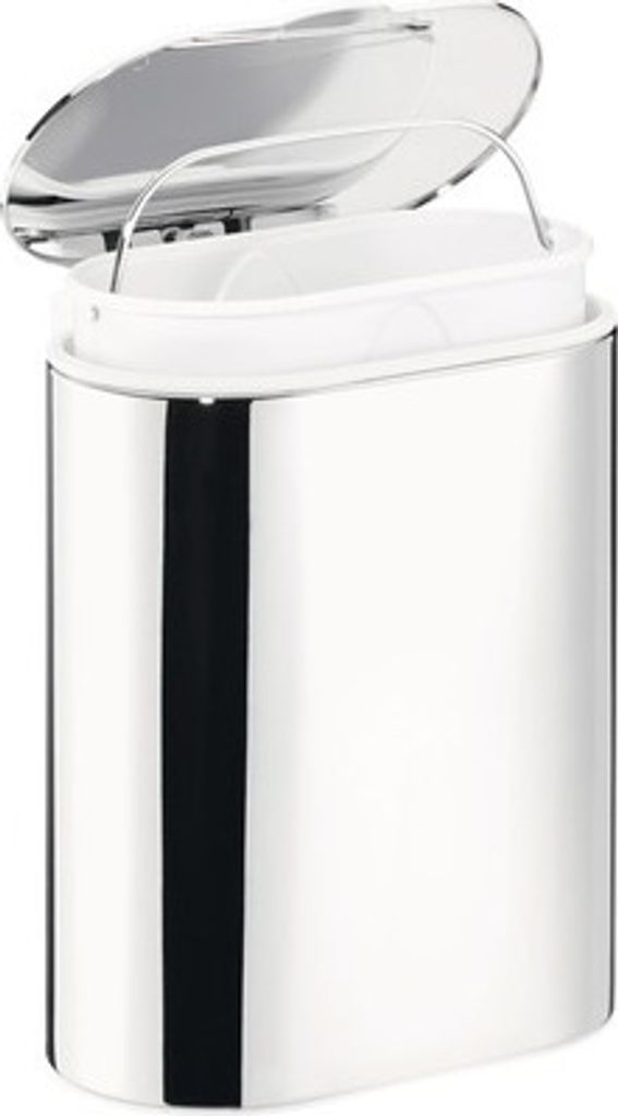 A silver trash can with its lid open, showing a white inner bin.
